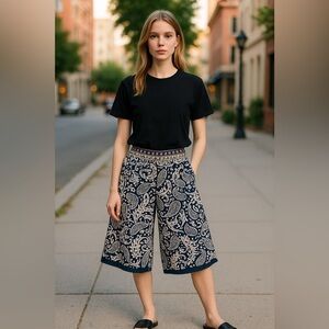 Bohemian Embroideted Blue and White Paisley Culotte